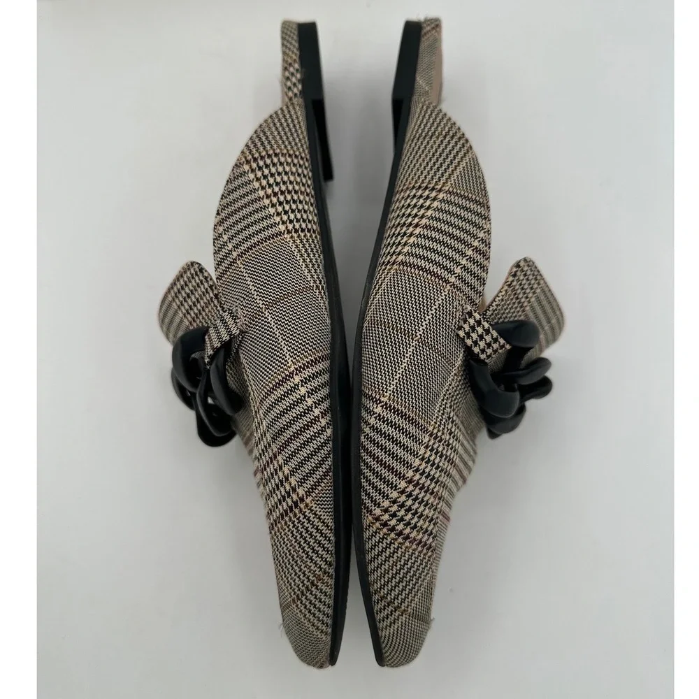 STEVE MADDEN Fleur Pointed Toe Mules Tan Plaid Chunky Black Chain Detail | 7 - Picture 9 of 13